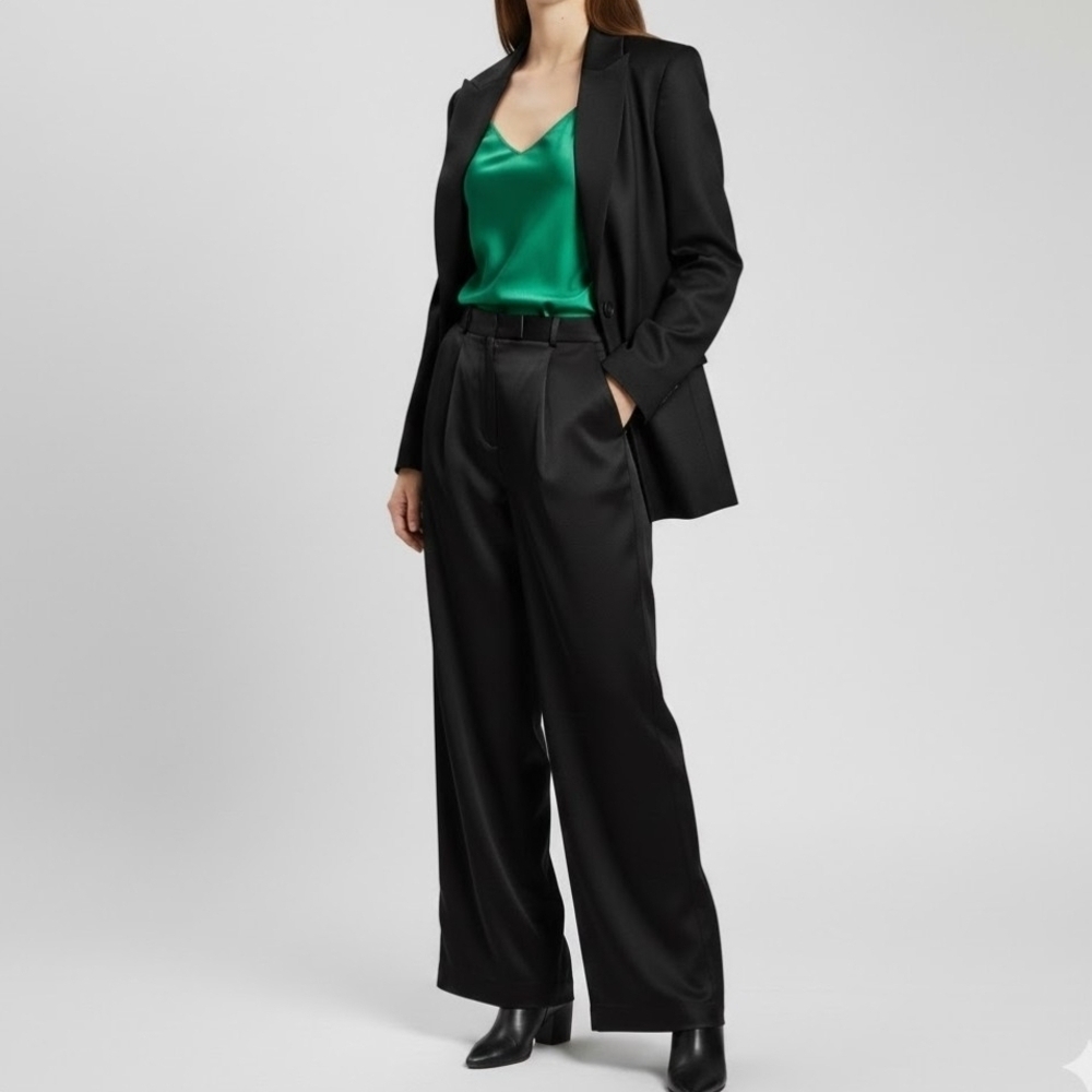 NWT Noisy May Black Satin Wide Leg High Rise Pleated Trouser Pant Sz.S Party - Picture 2 of 6